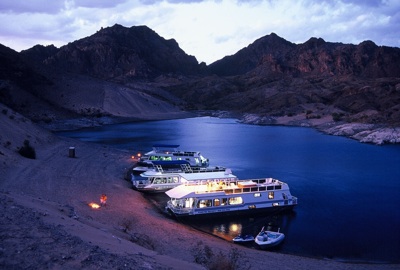 Lake Mead Callville Bay houseboats at night