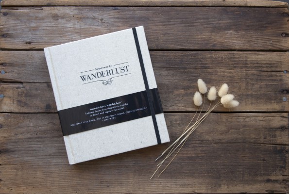Wanderlust journal cover on wood