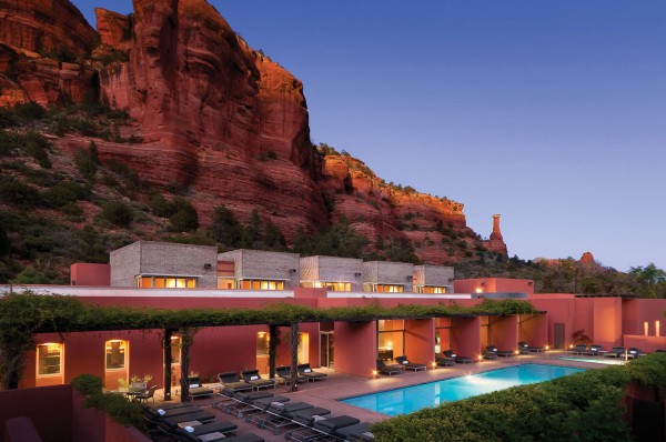 Mii amo pool at dusk. Photo courtesy Mii amo and Mark Boisclair Photography, Inc.