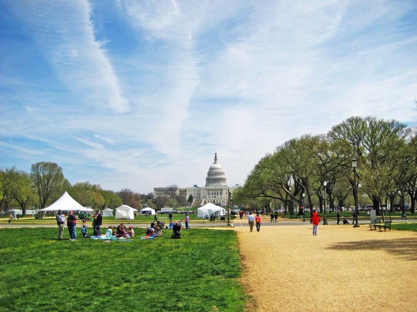 People strolling on the National Mall in front of the US Capitol Building.