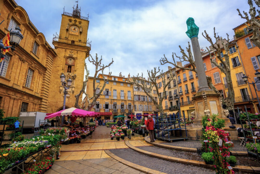 Aix-en-Provence, France - April 21: The traditional flower market in the Old Town of Aix, on April 21, 2016 in Aix-en-Provence, France