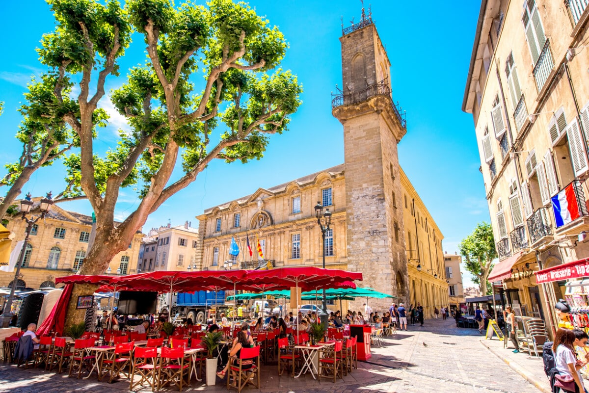 Aix-en-Provence, France - June 20, 2016: Central square with cafes and bars in the old town of Aix-en-Provence city on the south of France.