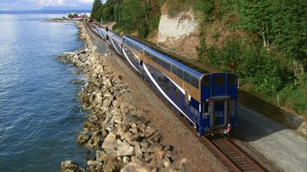 Coastal Passage train heading northbound along the coast. Photo courtesy Rocky Mountaineer