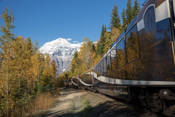 Rocky Mountaineer traveling towards Mount Robson on Journey through the Clouds. Photo courtesy Rocky Mountaineer
