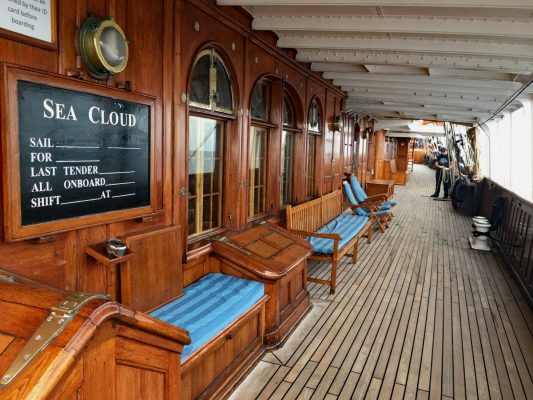 Sea Cloud’s teak decks and dark wood paneling evoke the richness of a luxury vessel from the 1930s. Photo by Katherine Rodeghier