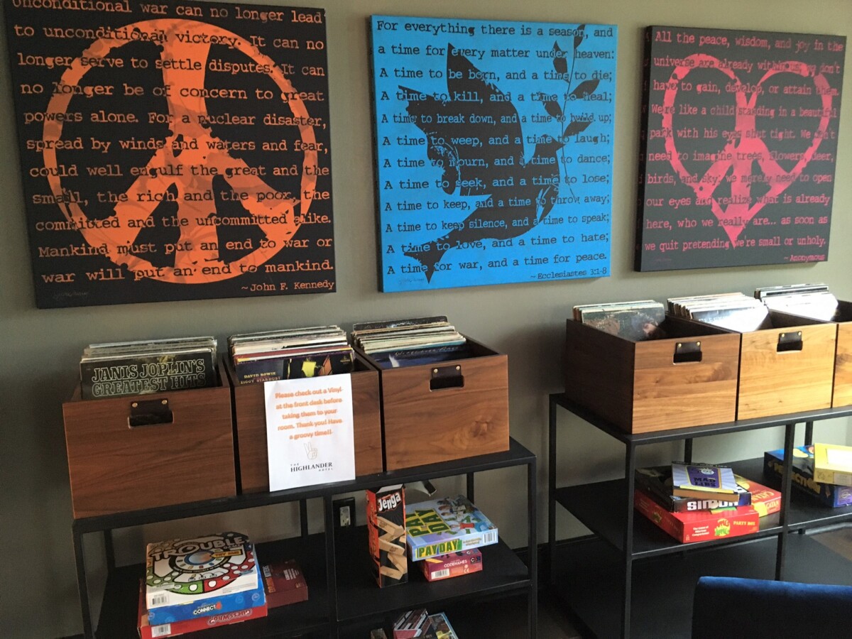 Borrow a record player, and then choose vinyl from a massive lobby collection. Photo by Lisa Waterman Gray