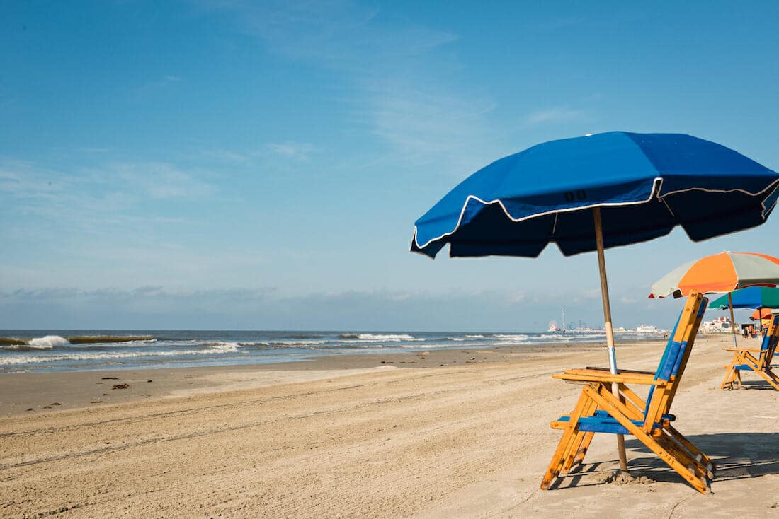 Galveston Beach, home to haunted hotels in Texas
