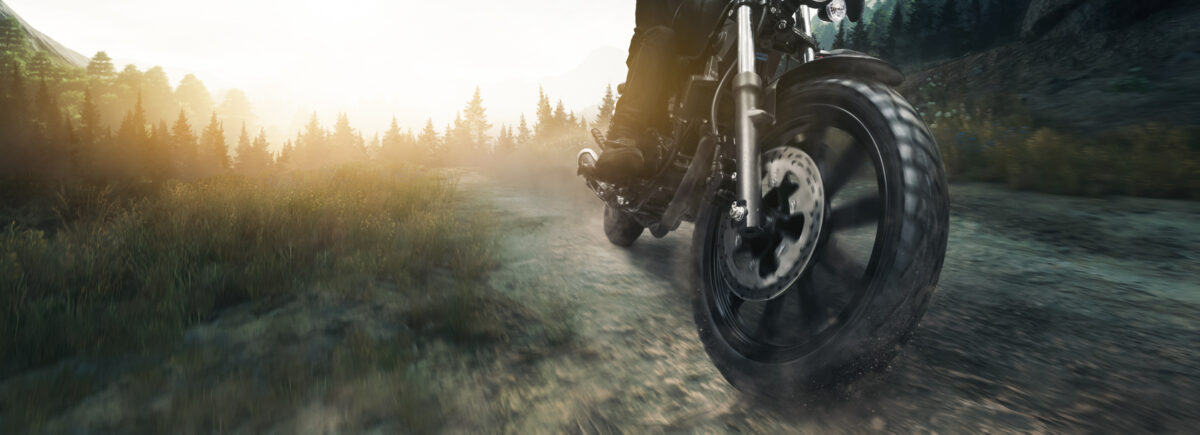 young motorcyclist having fun, driving through the mountains - speed concept
