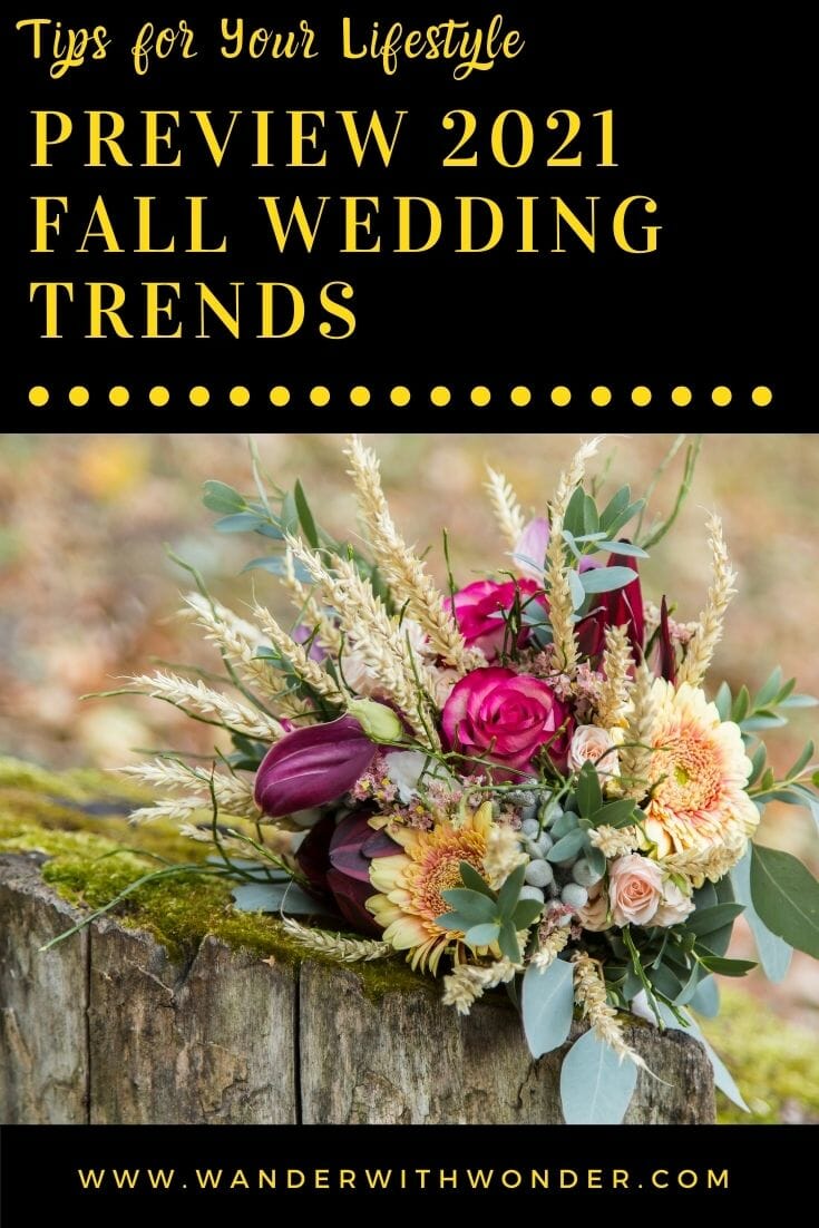 Each year, there are many wedding trends, but fall wedding trends are different because they incorporate different styles and colors. For a bride sorting out her wedding details in fall, it’s important to focus on everything from the wedding dress to the reception drinks. Figuring out what fall-appropriate details will go into the bride’s wedding day will make everything a little less stressful. Here is a preview of the 2021 fall wedding trends.