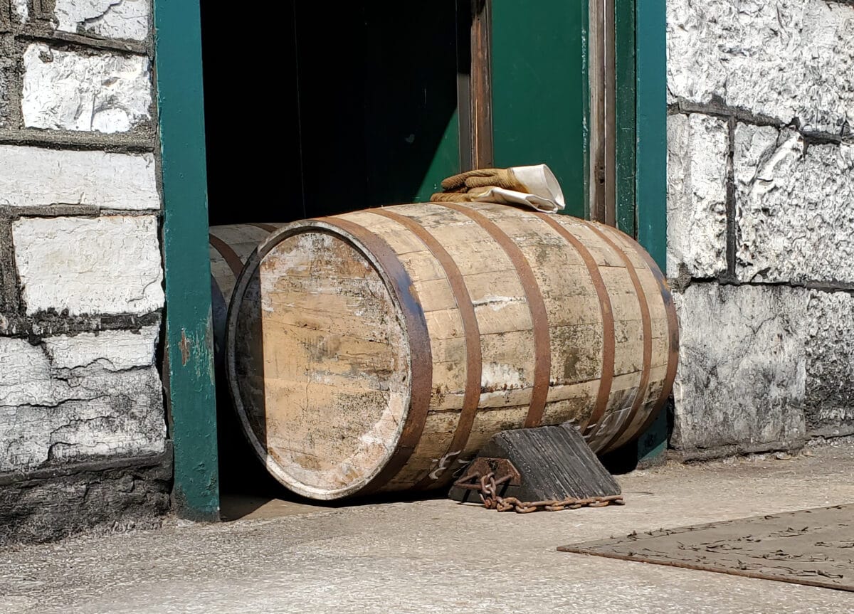 Bourbon barrel in doorway at Buffalo Trace Distillery