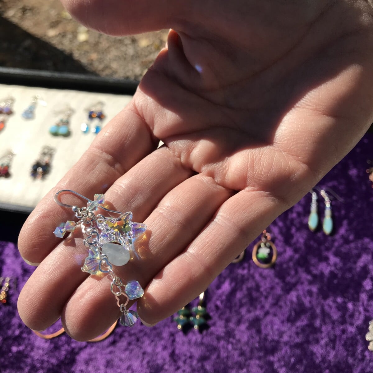Crystal earrings offered by a street vendor