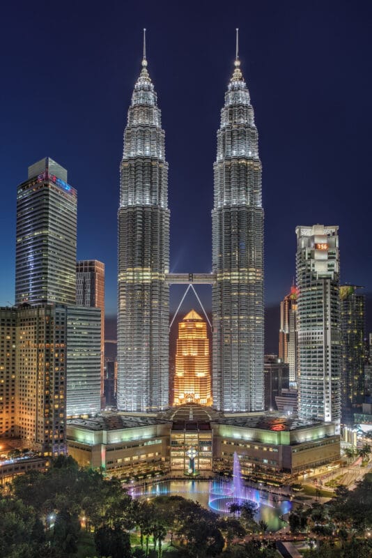 Petronas Twin Towers at night. One of the places to visit in Kuala Lumpur.