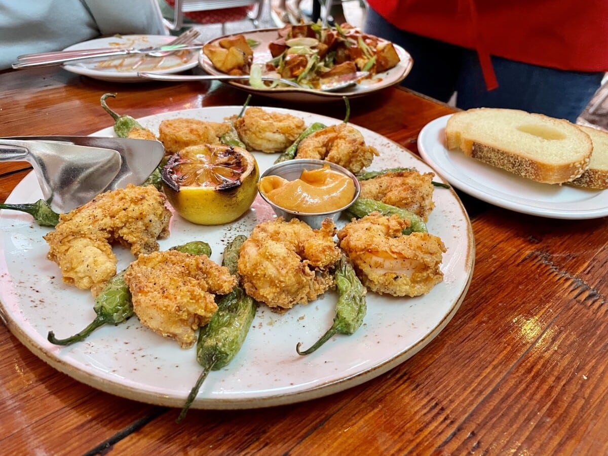 A delicious starter of crispy shrimp and shishito peppers.