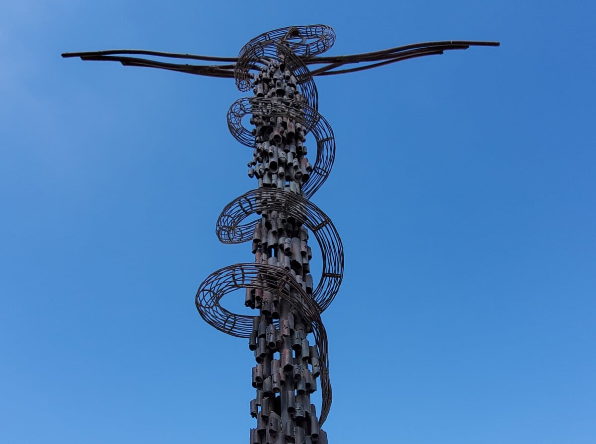 The Brazen Serpent sculpture on Mount Nebo overlooks the Dead Sea.