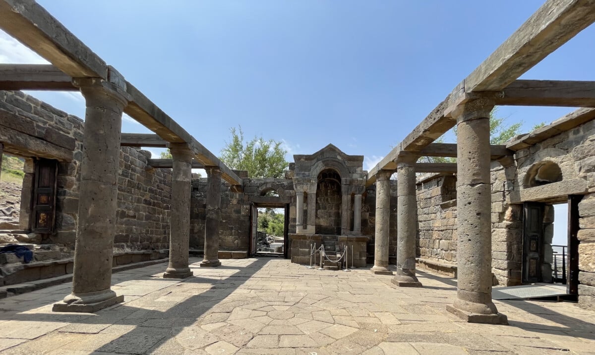 Inside the sanctuary of the rec.onstructed Ein Keshatot Synagogue.