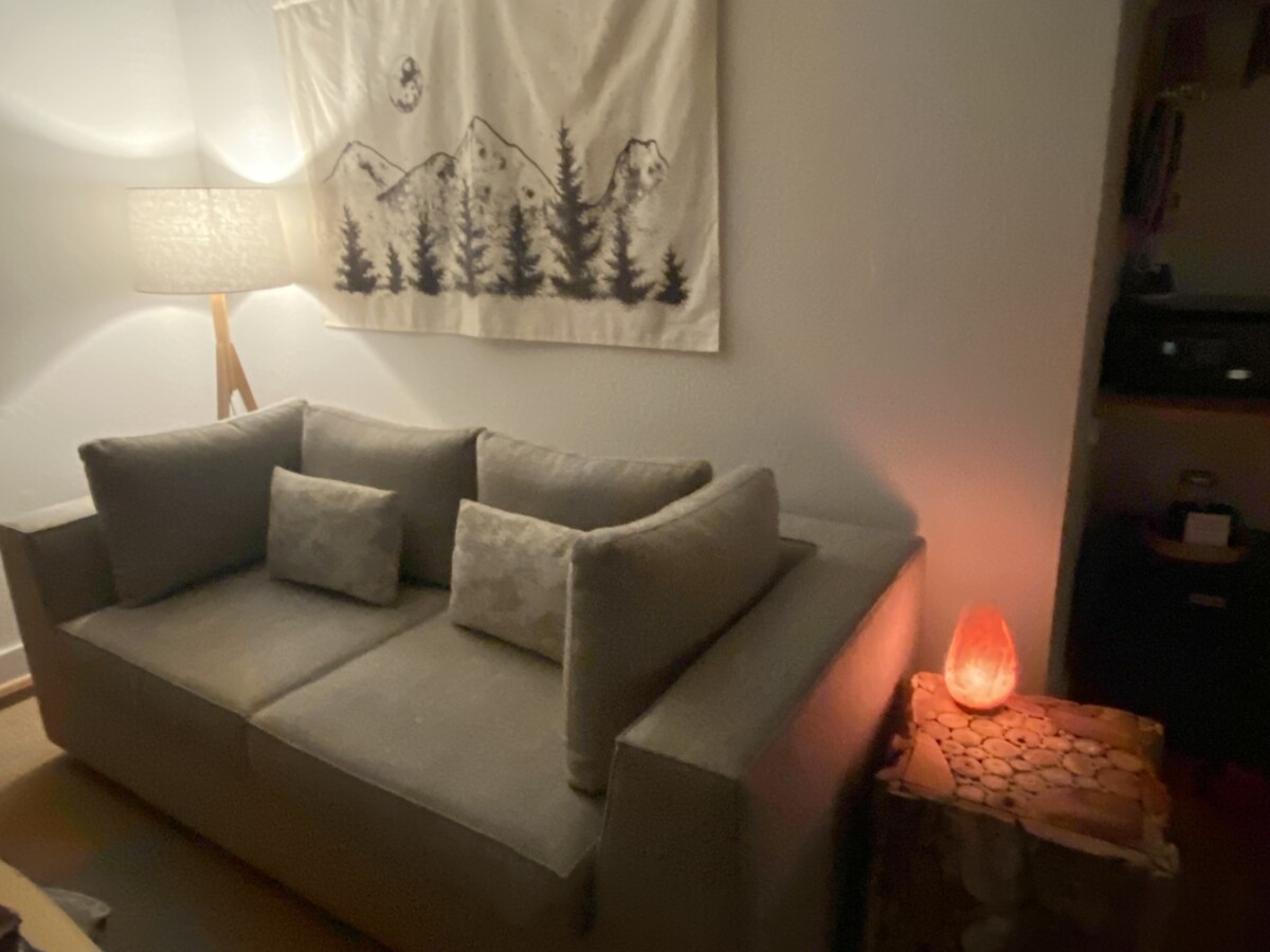 Wellness Retreat at SCP Redmond Hotel in Oregon 3 Our sofa and Himalayan salt lamp.