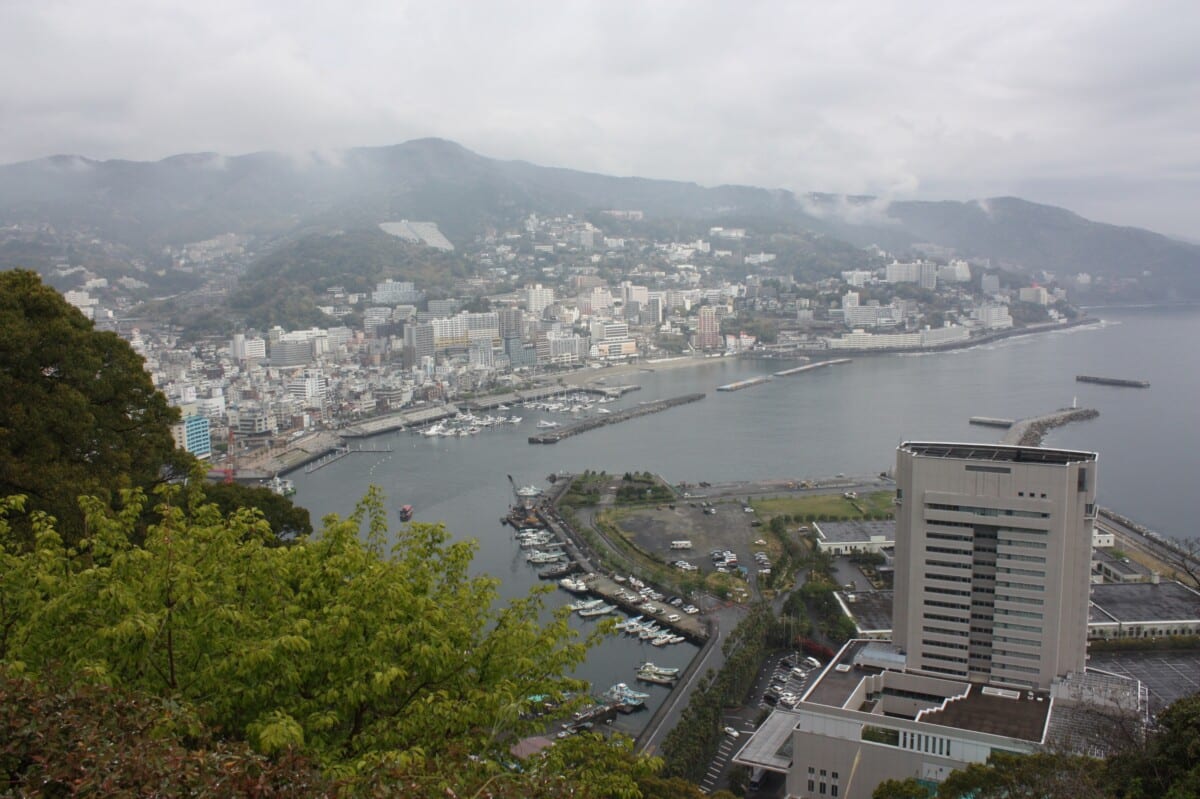 The town of Atami as seen from the castle high up on the hill. This castle is a replica, but still fun to visit.