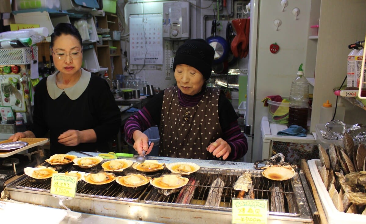 I bought one of these grilled scallops at Hakodate Morning Market Square and ate it for a morning snack. If you love seafood, check out this market that has a few vendors cooking seafood and other delights for onsite dining.