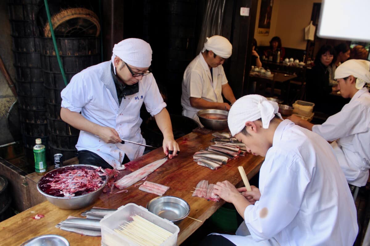 The filet crew is up front and part of the experience of dining at Kawatoya-Honten near the Narita Temple. Part of my photo tour of Japan.