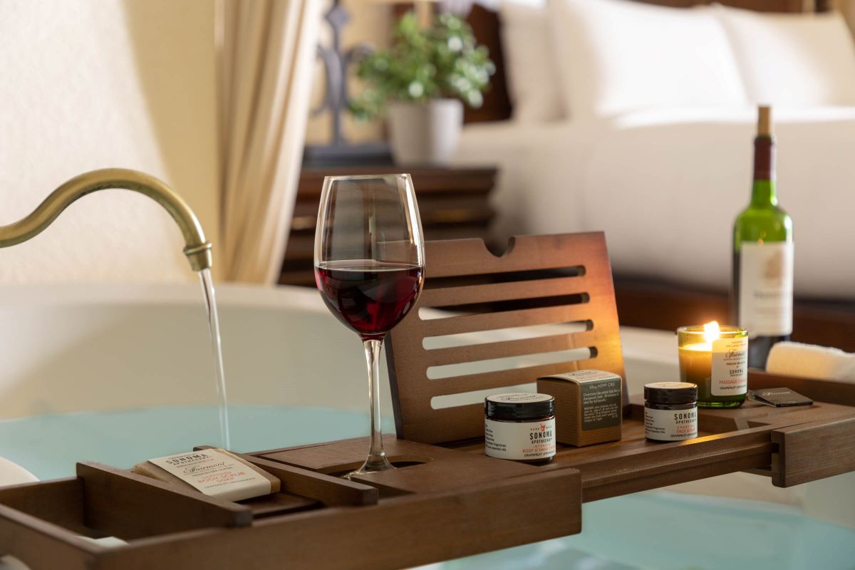Baths salts and wine in the tub at the Fairmont Sonoma Mission Inn & Spa