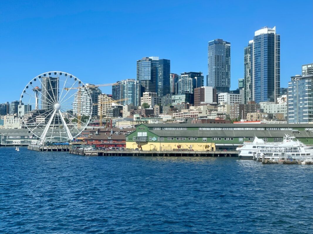 Heading away from Seattle onboard the ferry.
