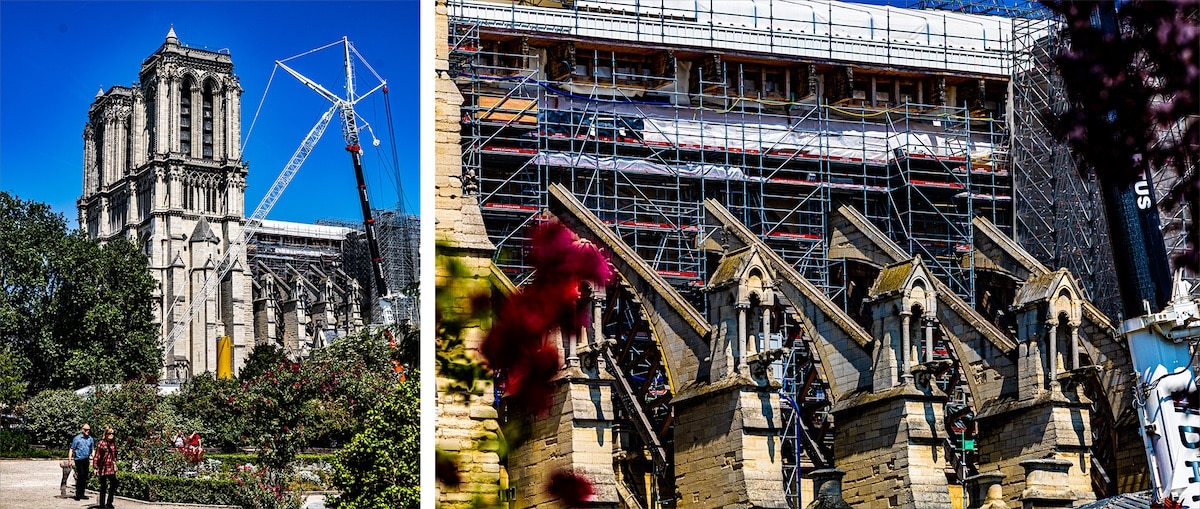 As an American photographer in Paris, I captured the beautiful Notre Dame with the roof ripped away and its support bare to the elements while she is wrapped in scaffolding for total restoration.