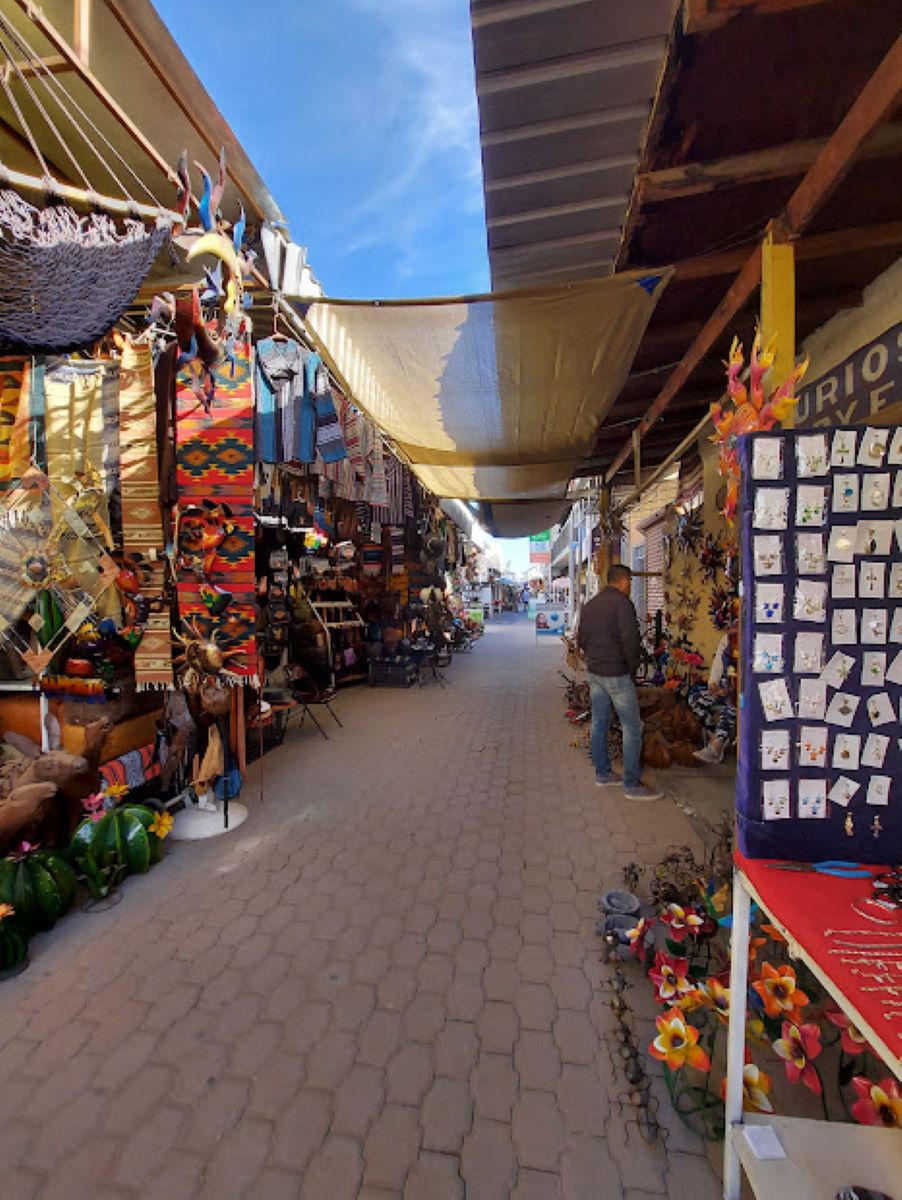 A view of an alley of Los Algodones showing vendor booths.