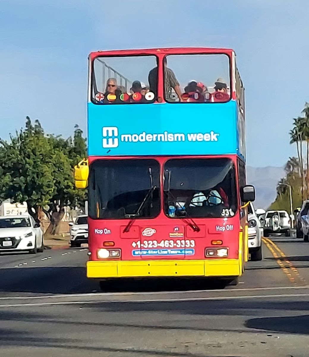 9 Reasons to Plan a Winter Getaway in Palm Springs 1 Front of the double-decker bus people ride for a tour of the modernism buildings in Palm Springs