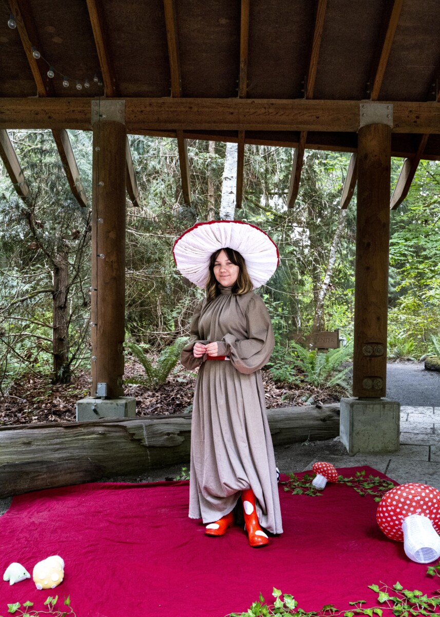Exploring the Bainbridge Island Art Scene 11 Mushroom modeled by the designer, Mary Voltin, winner of the Student Category 2022.