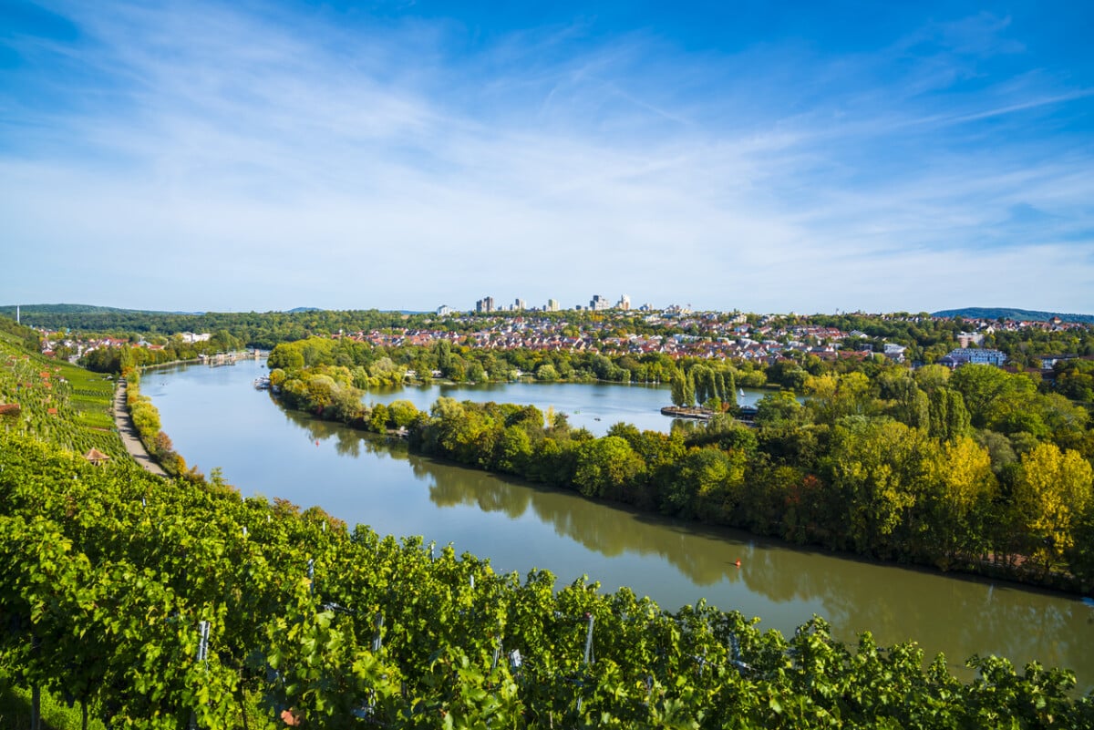 Germany, Stuttgart aerial panorama view max eyth see lake water neckar river boats beautiful houses autumn nature landscape at hofen, moenchsfeld