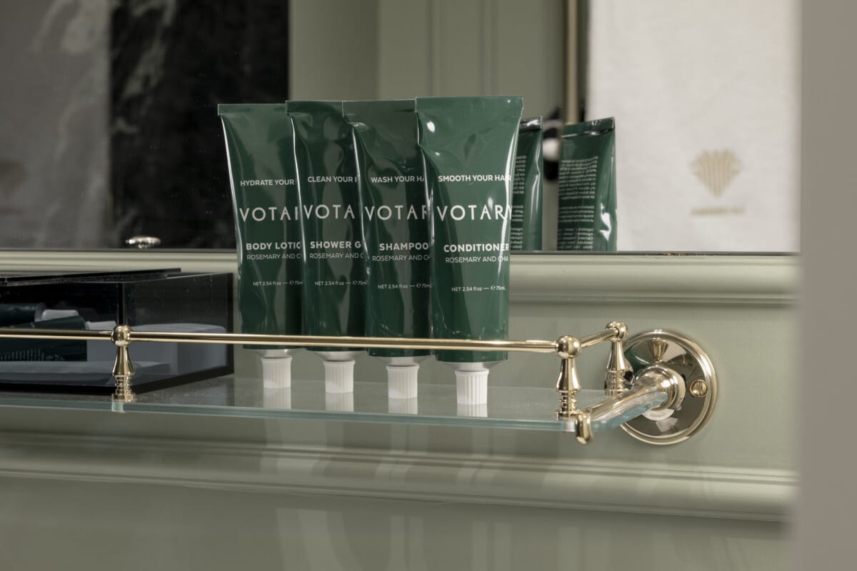 Bath accessories lined up for guests at Hotel La Gemma.
