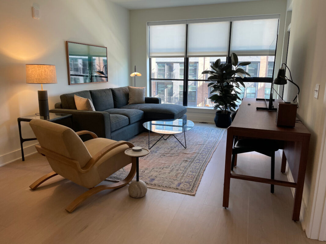 Roost Baltimore Offers Comforts of Home in a Trendy Setting 4 Living room with a sofa, chair, area rug, large potted plant, and desk.