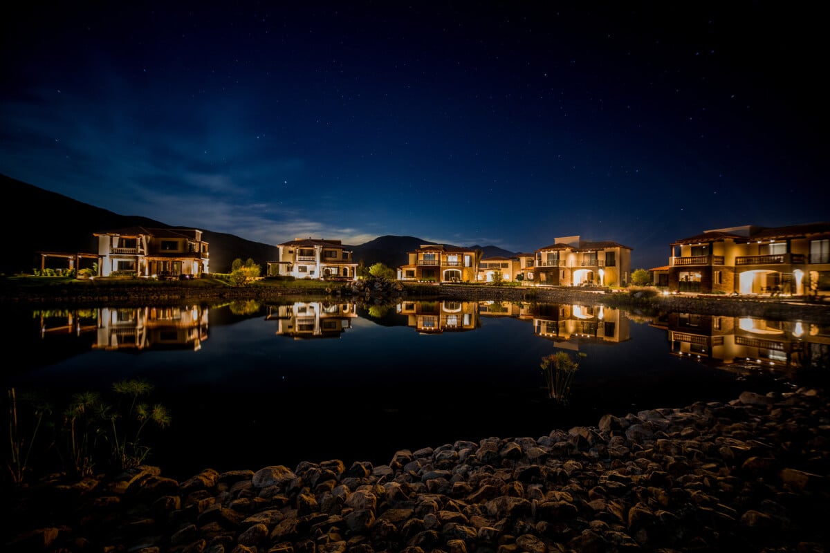 Villas at El Cielo Resort at night.