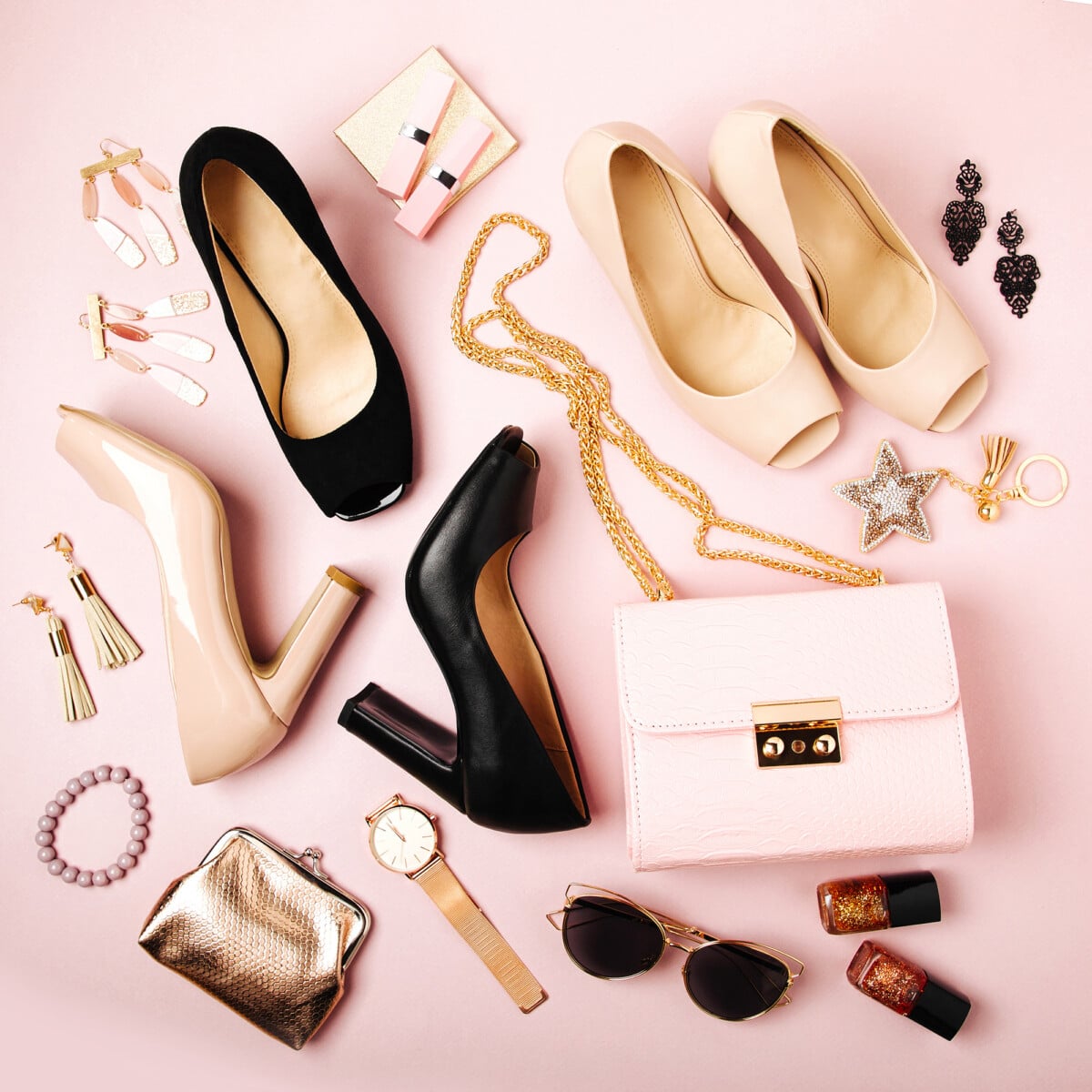 Fashion female shoesand accessories. Flat lay, top view.