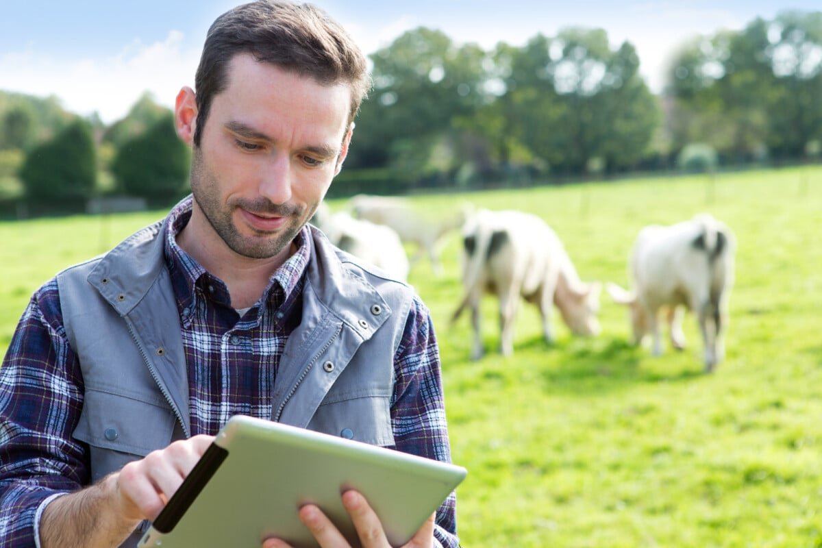 View of a Young attractive farmer using tablet in a field