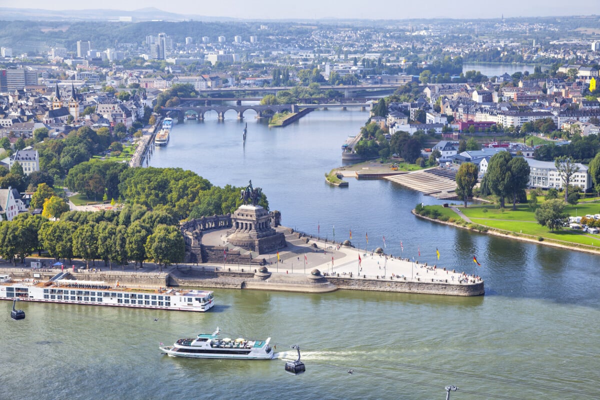 Deutsches Eck at the confluence of Rhine and Mosel rivers in Koblenz, Germany. Photo by bbsferrari via iStock by Getty Images