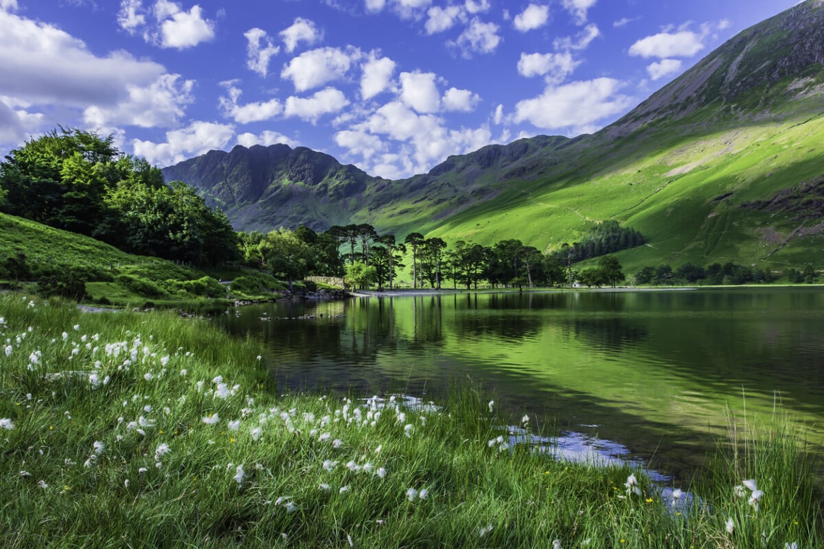 Idyllic scenery of English Lake District in springtime.Trees and grass growing on lakeshore and green hill reflecting in lake water. Sunlight kissing mountain slope in background.Majestic landscape scene. The kind of destination you could fall in love with.