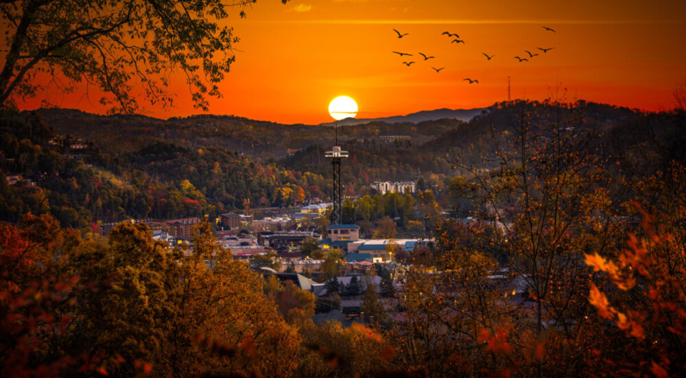 Gatlinburg overlook during orange sunset