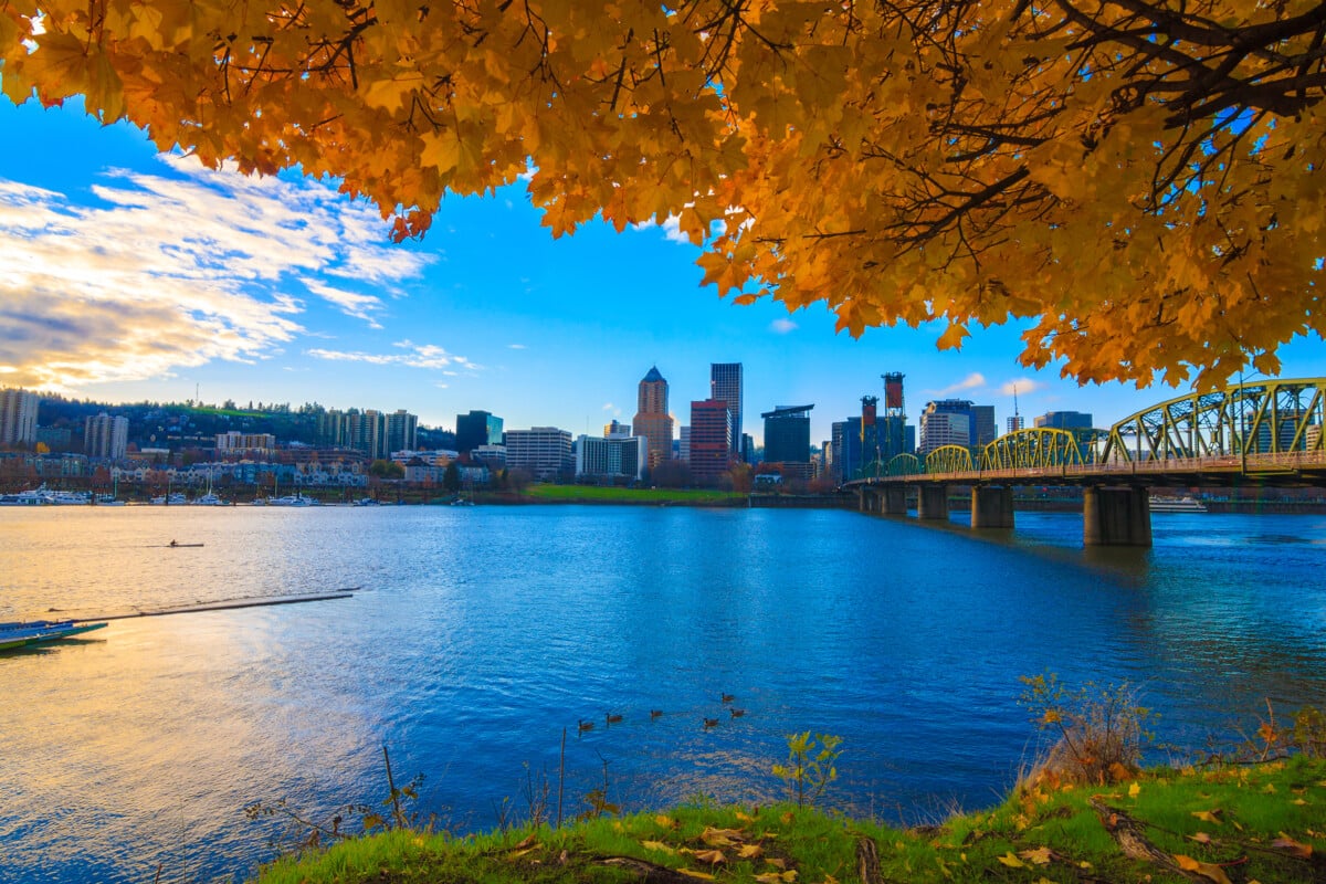 View of Portland, Oregon overlooking the willamette river on a Fall Afternoon