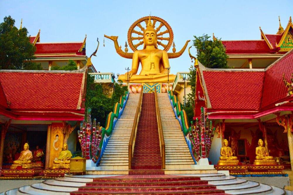 Unlocking Koh Samui: Your Ultimate Week-Long Adventure 2 Golden Statue Of Buddha With Dragon Staircase In Wat Phra Yai, The Big Buddha Temple At Koh Samui. Place For Praying, Meditation. Buddhism. Religious Symbol. Travel, Tourism.