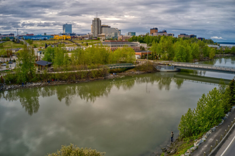 Explore Exciting Summer Activities Near Anchorage, Alaska 6 Aerial View of the popular Fishing Spot of Ship Creek in Anchorage, Alaska