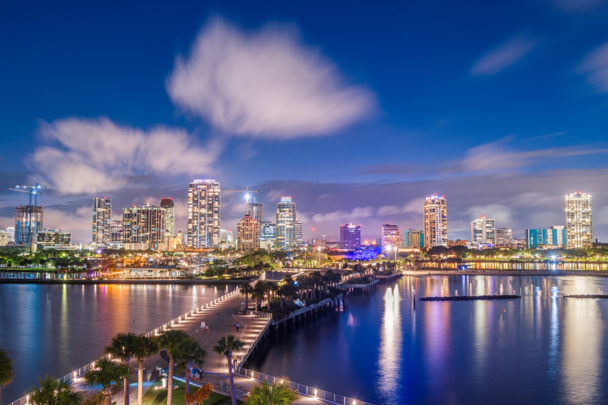 St. Petersburg, Florida, skyline from the pier at night.