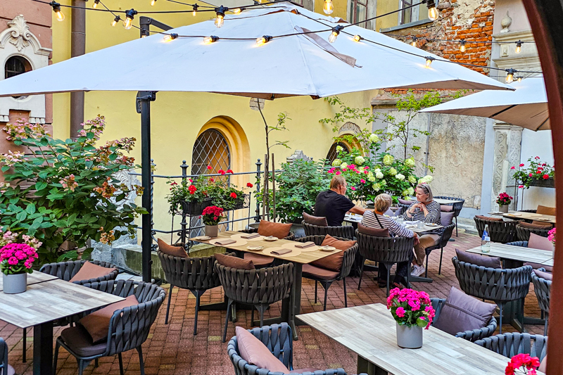 The romantic courtyard at Kalku Vārti in Old Town Riga.