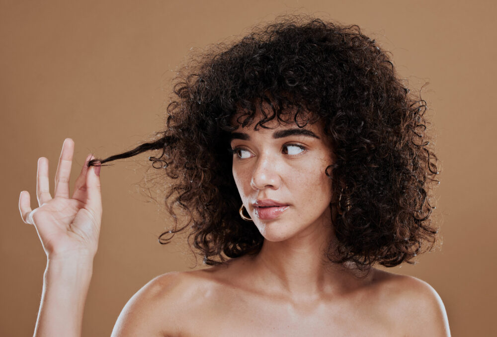 Hair care, beauty and black woman with an afro in studio with clean, short and curly hair style.