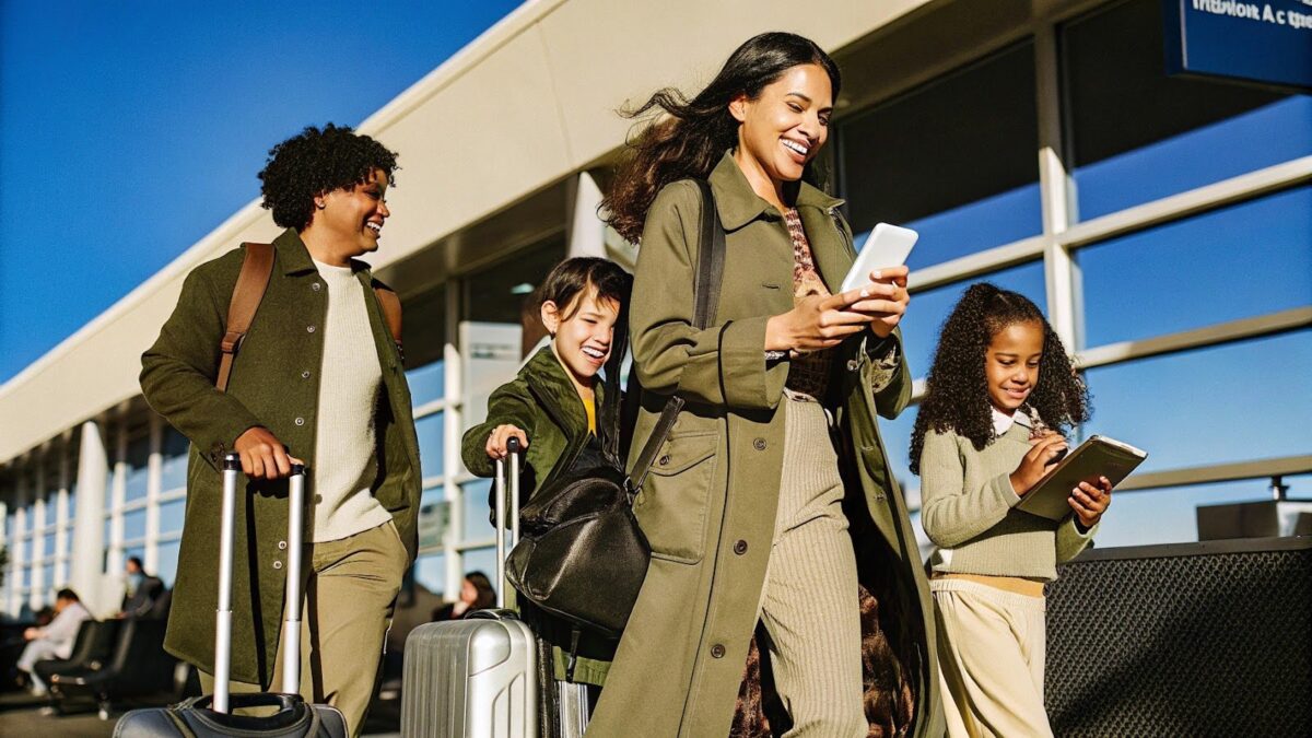 family traveling at airport using devices and rolling luggage. Phoenix airport parking tips