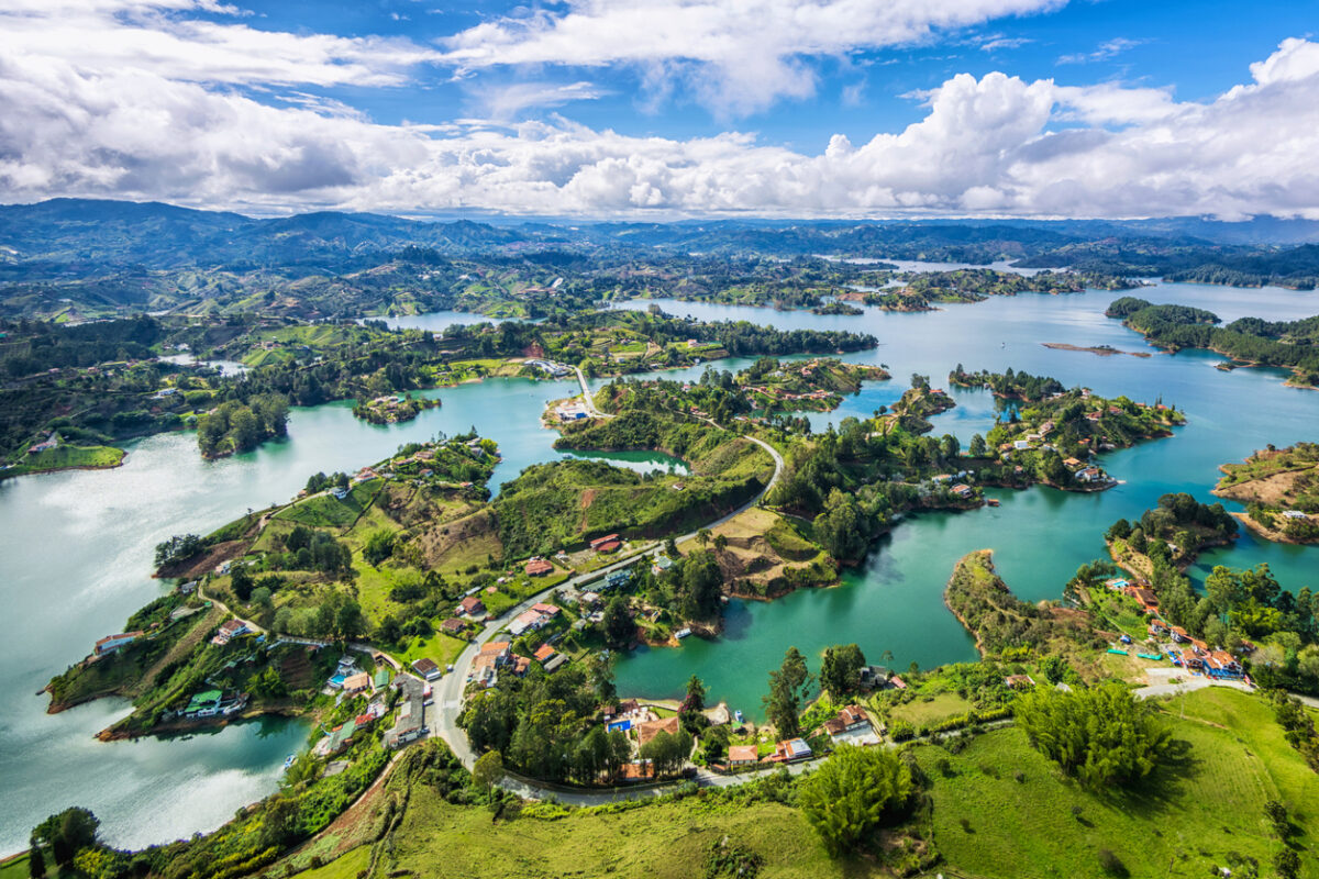 Panoramic view of Guatape from the Rock (La Piedra del Penol), near Medellin, Colombia.