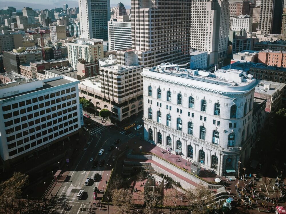 Best San Francisco Hotels for Luxury, Sustainability, and Location 1 Ariel view of the San Francisco Skyline featuring one of the best San Francisco hotels.