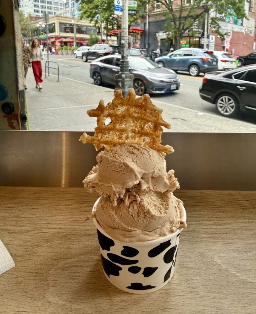 A Seattle Food Itinerary: 2 Days of Pike Place Market, Seafood, and Wine 12 Hazelnut gelato in a cup sitting on a table at Bottega Gelato