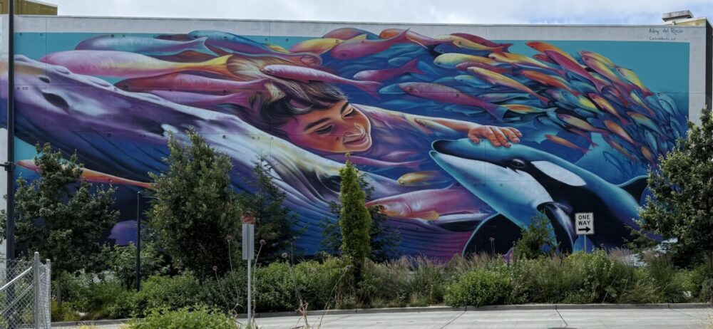 A Seattle Food Itinerary: 2 Days of Pike Place Market, Seafood, and Wine 20 mural in Seattle by Pike Place Market of a girl petting a whale