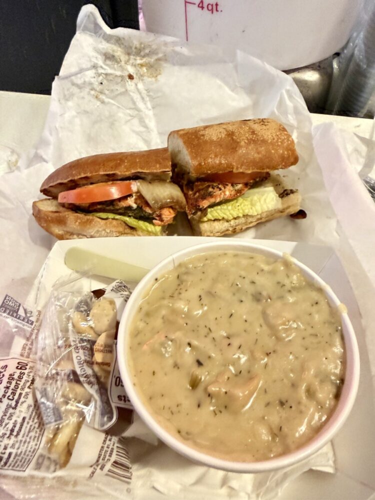 A Seattle Food Itinerary: 2 Days of Pike Place Market, Seafood, and Wine 3 Blackened salmon sandwich at Market Grill in Pike Place Market with a cup of soup